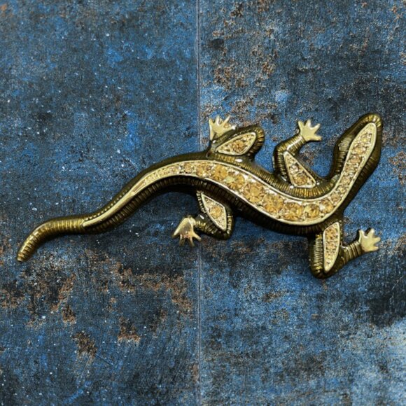 Vintage Gold Tone Enamel Rhinestone Lizard Brooch Gift Retro Cool Fancy Pants - Picture 3 of 11